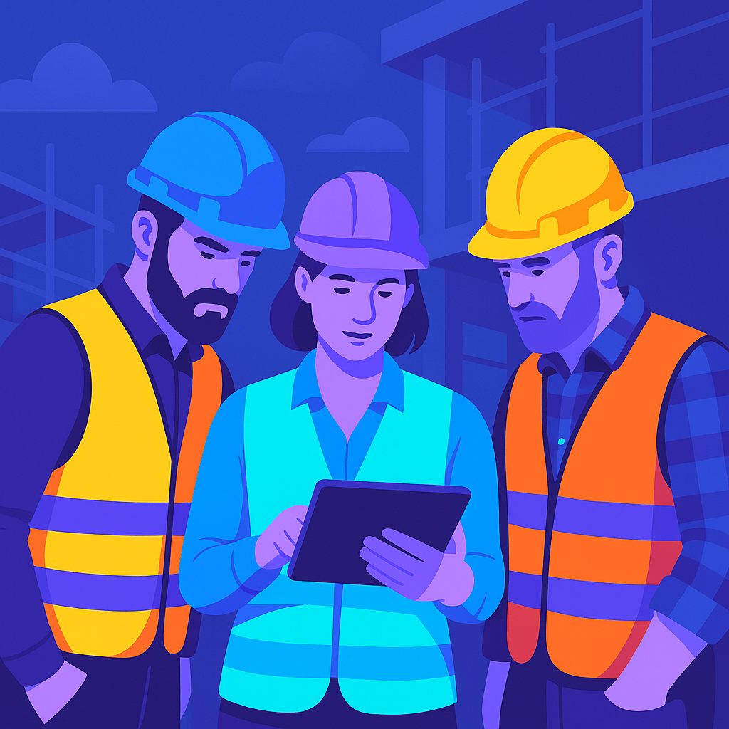 [Bild von Handwerkern auf einer Baustelle, die auf ein Tablet schauen]
